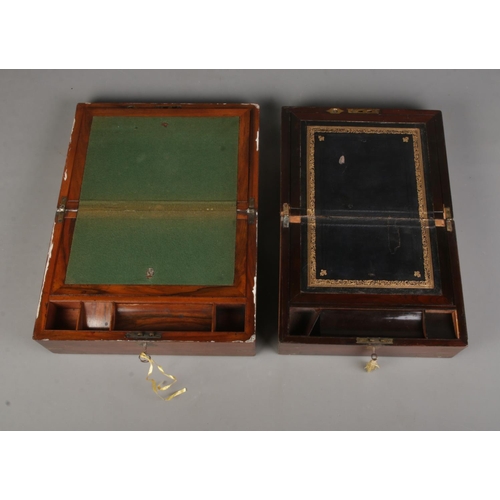 387 - Two brass bound stationary boxes to include example set with green leather inset.