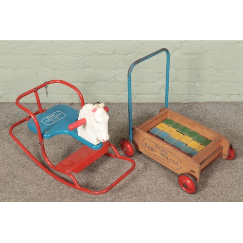 416 - A Tri-ang rocking horse along with walker of the same brand with original blocks