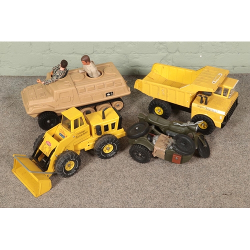 417 - A Mighty Tonka Loader and Hydraulic Dump Truck together with a action man combination motorcycle and... 