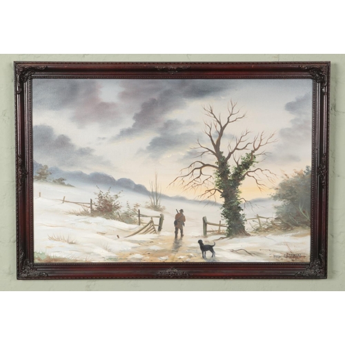 479 - An oil on canvas depicting a hunter with dog in the countryside signed 