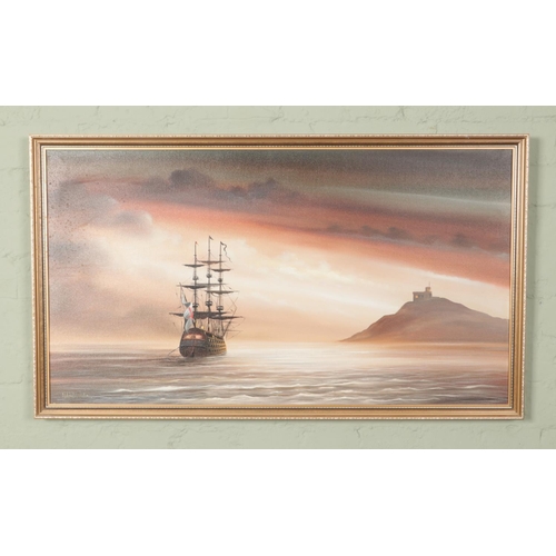 481 - An oil on canvas depicting a ship sailing across the ocean signed 