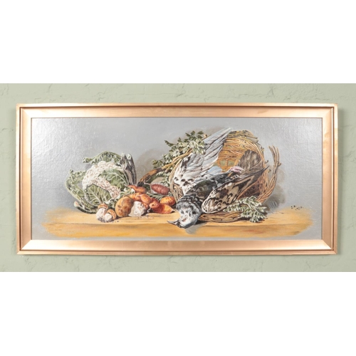 484 - A gilt framed oil on canvas, still life depicting game and vegetables. Signed SM and dated 1930. 31c... 