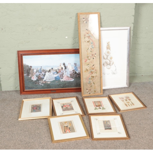 495 - A collection of framed pictures. Includes embroidery, Botanical Ann Swan limited edition print, John... 