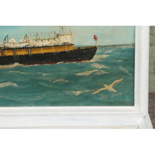 498 - Two Peter Searle framed oils on board depicting sea studies of Humber river pilot boats painted from... 