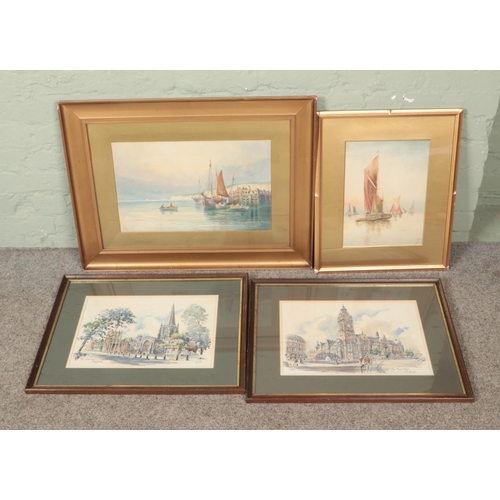 501 - Four framed watercolours. Includes A. Walls seascape and Kenneth A. Bromley Landscapes of Sheffield,... 