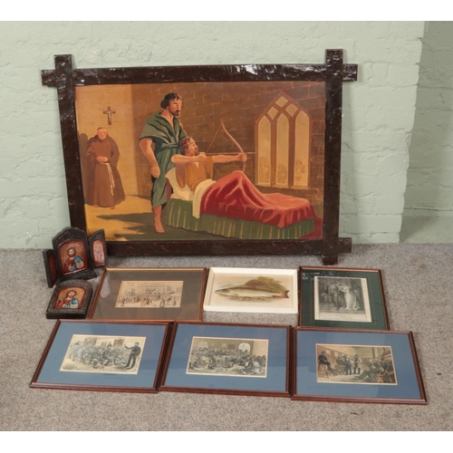 505 - A collection of pictures and prints to include large oil on board depicting Robin Hood, The Illustra... 