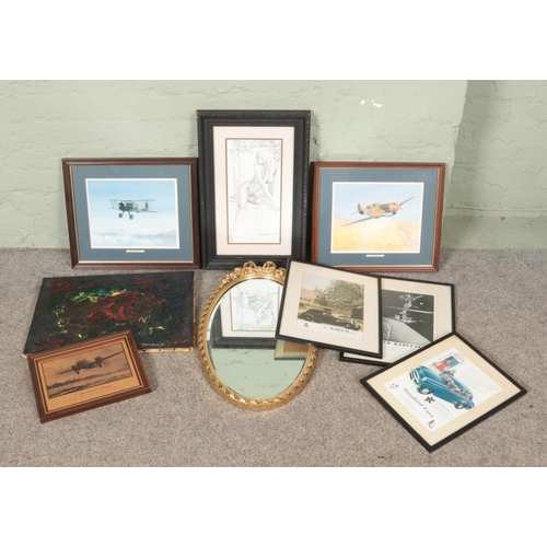 517 - A collection of pictures, prints and a gilt framed mirror. Includes Terence Geary oil on canvas, Daw... 