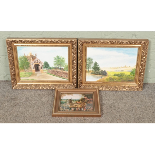 524 - A pair of oil on boards depicting country scenes by K B Marshall together with another print.