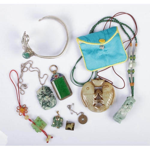 530 - A collection of Jade, Jadeite and Jade coloured jewellery including Jadeite pendant on silver neckla... 