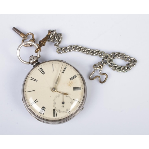 531 - A silver open faced pocket watch hallmarked for London 1928 with white metal albert chain.