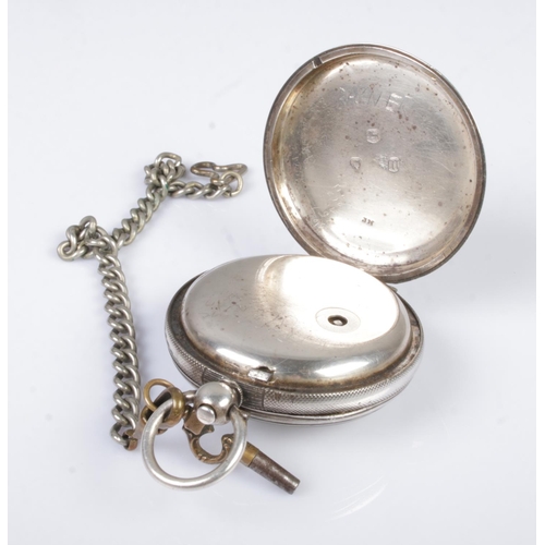 531 - A silver open faced pocket watch hallmarked for London 1928 with white metal albert chain.