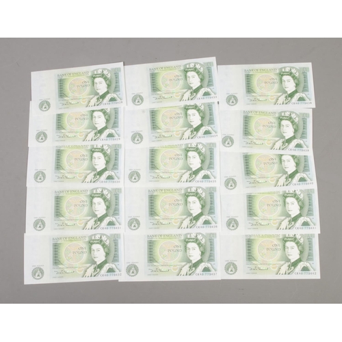 532 - A sequential print run of fifteen Bank of England One Pound Notes. Codes CR40 773428-773442.