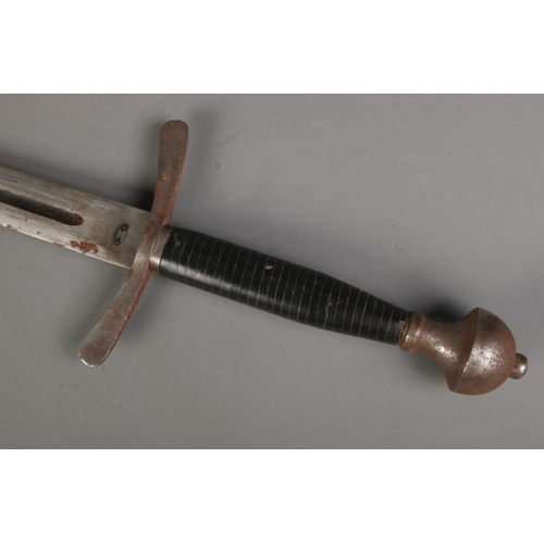 100 - A sword with leather wrapped handle, fullered blade and leather scabbard. Length of blade (71cm) CAN... 