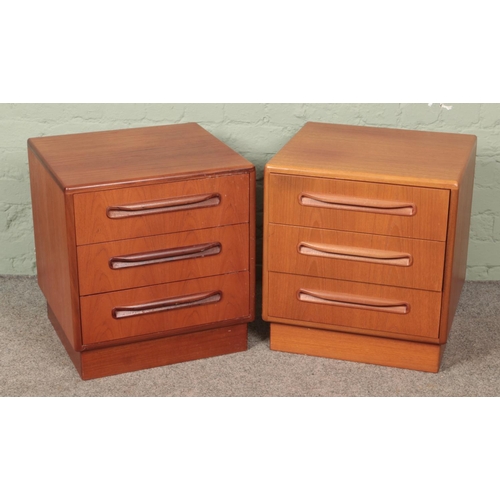 625 - A pair of G Plan bedside tables with three drawers over plinth base. Height 52cm, Width 48.5cm, Dept... 