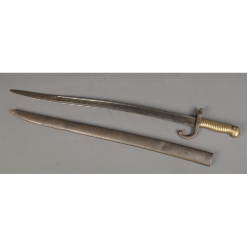 108 - An 1866 pattern French Chassepot sword bayonet with scabbard. Length of blade (57cm) CANNOT POST OVE... 