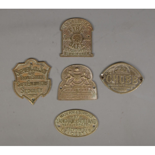 123 - Five brass safe plates, including Chubb, Stephen Cox and Son Ltd, Langham & Holland and John Port.