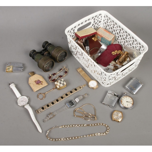 159 - A box of collectables. Includes jewellery, Smiths pocket watch, manual wristwatch heads, coins, bino... 