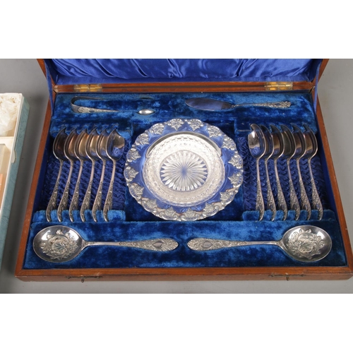 216 - A collection of mainly boxed flatware, to include Victorian horn handled carving set and James Dixon... 