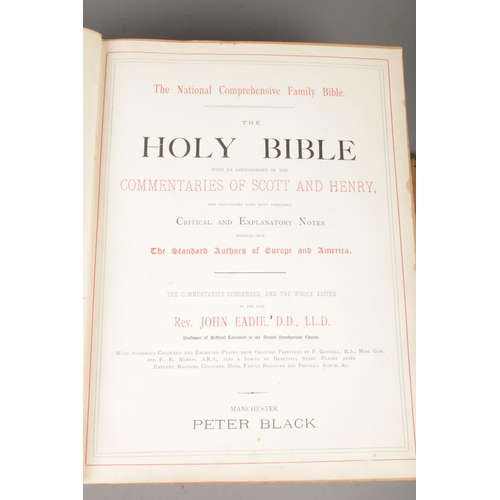 217 - A leather bound Holy Bible, with commentaries of Scott and Henry. Published by Peter Black, Manchest... 