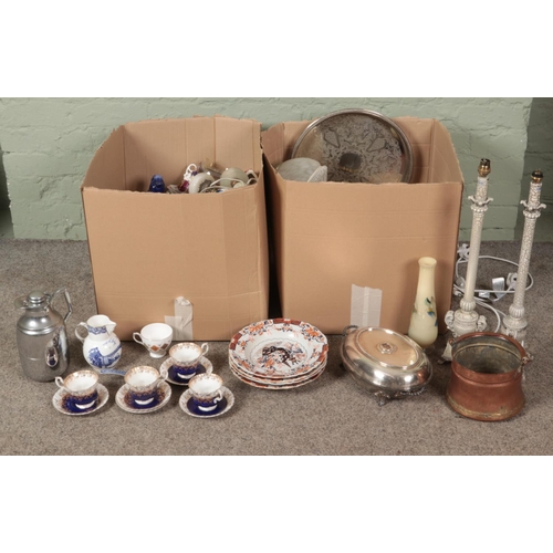 280 - Two boxes of miscellaneous. Includes Royal Albert cups & saucers, table lamps, blue & white ceramics... 