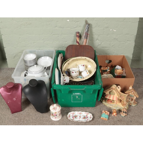 286 - Three boxes of miscellaneous. Includes Pendelfin, Noritake dinner/teawares, jewellery display stands... 