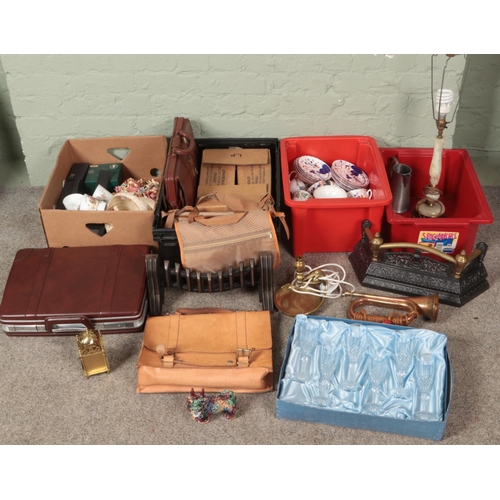 292 - Four boxes of miscellaneous. Includes fire guards, briefcases, copper bugle, set of cut glass champa... 