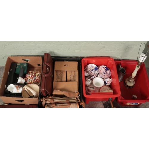 292 - Four boxes of miscellaneous. Includes fire guards, briefcases, copper bugle, set of cut glass champa... 