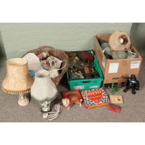 293 - Three boxes of miscellaneous. Includes glass drinking sets, Mason's Chartreuse table lamp, board gam... 