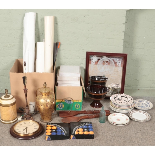 308 - A quantity of miscellaneous. Includes posters, cabinet plates, etched Princess Diana mirror, tables ... 