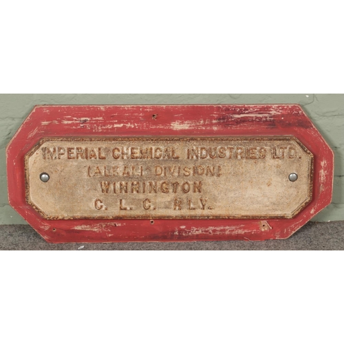 360 - A cast iron wagon plate. Imperial Chemical Industries Ltd (ALKALI DIVISION) Winnington C.L.C. RLY.