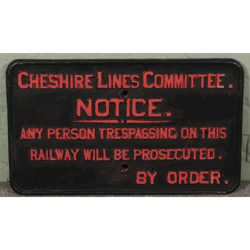 366 - A Cheshire Lines Committee cast iron trespass notice. (39cm x 63cm)