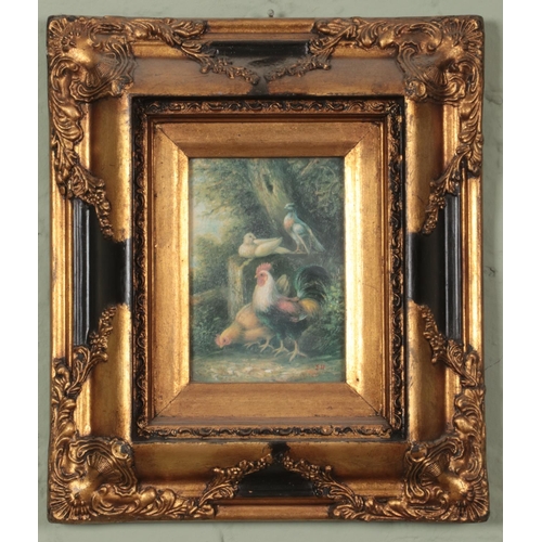 476 - After Edger Hunt, an ornate framed oleograph depicting chickens/birds farmyard scene. (17cm x 12cm)