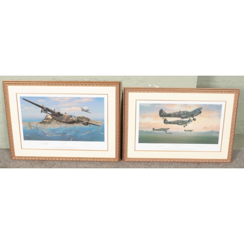 512 - Two gilt framed Philip E.West limited edition signed military aircraft prints. One titled 'First Lig... 