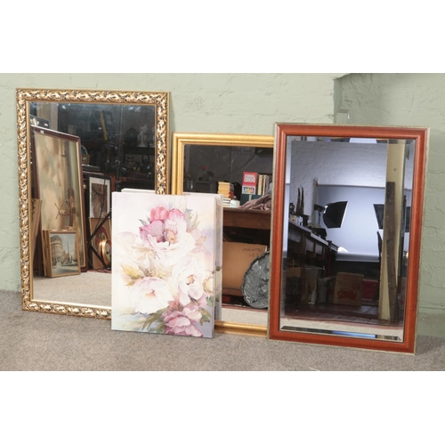 526 - Three wall mirrors and canvas print. Includes ornate gilt framed example, etc.