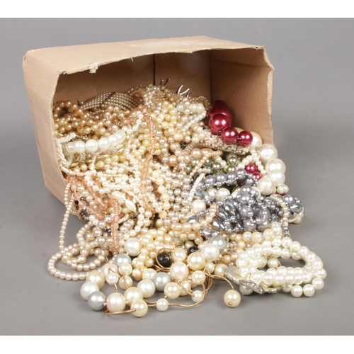 244 - A box of simulated pearl necklaces and bracelets.