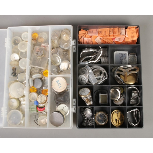 251 - Two boxes of assorted watch spares and accessories, to include straps, glasses and movements.