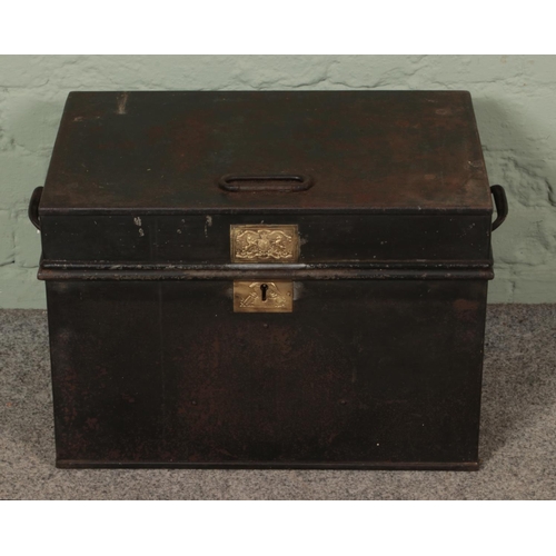 365 - A heavy strongbox, with brass plaque to the front for Milner and Sons; Milner's Portable Depositorie... 