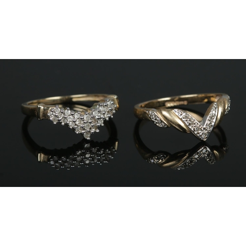 541 - Two 9ct Gold and diamond wish bone rings, with stones set in illusion mounts. Both size L. Total wei... 