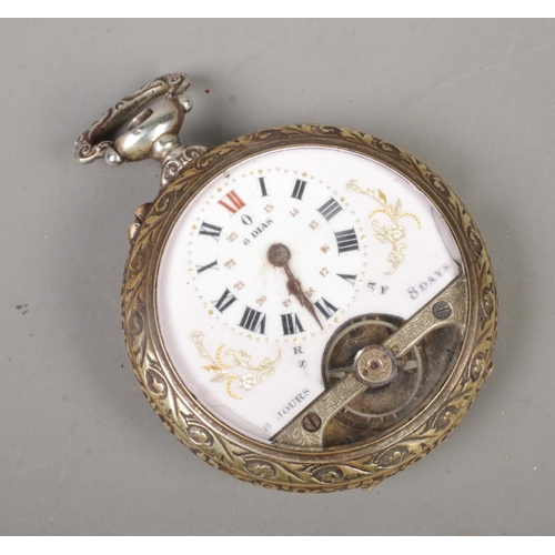 553 - An open face Hebdomas style eight days pocket watch, with rowing scene to the back of the case.