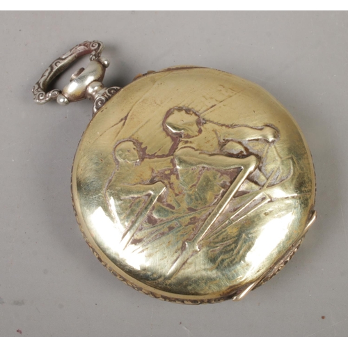 553 - An open face Hebdomas style eight days pocket watch, with rowing scene to the back of the case.