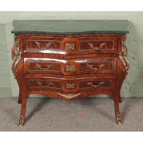 594 - A French kingwood bombe shaped chest of drawers with verdigris marble top and ormolu mounts. (83cm x... 