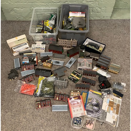 267 - Two boxes of assorted model railway scenery, buildings and diorama supplies to include Hornby, card ... 