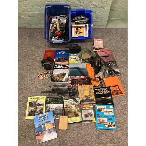 336 - Two boxes of model railways spares, repairs, track and accessories including several books, scenery ... 