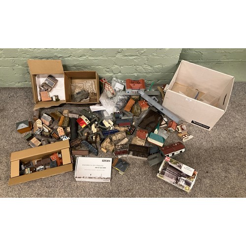 337 - Three boxes of railway scenery. Includes, buildings, bridges, etc.