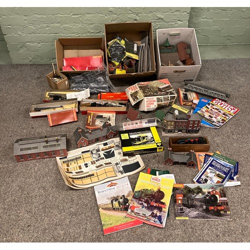 348 - Three boxes of assorted model railway scenery, boxed kits and diorama supplies to include Hornby, Me... 