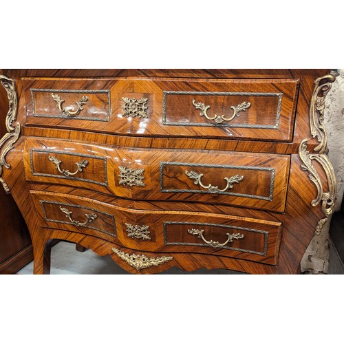 594 - A French kingwood bombe shaped chest of drawers with verdigris marble top and ormolu mounts. (83cm x... 