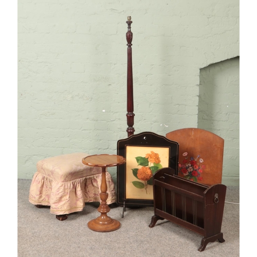 566 - A collection of assorted furniture. Includes standard lamp, fire screens, magazine rack, small stool... 