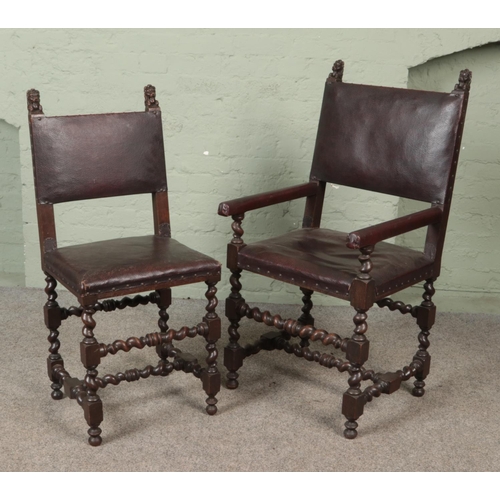 577 - A carver style dining chair with lion finials and barley twist supports along with a smaller example... 