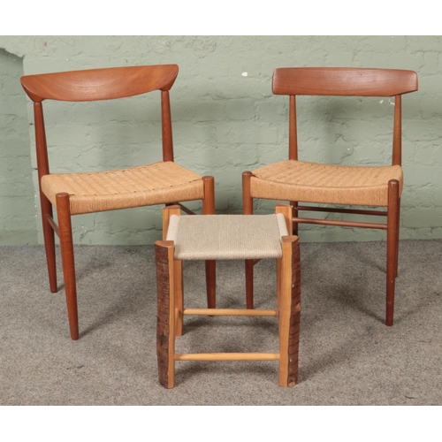 583 - A Danish MK dining chair with corded seat base, together with a similar design chair and rustic stoo... 