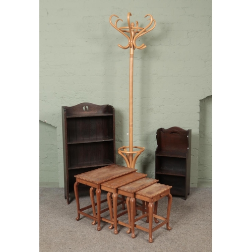 588 - A collection of assorted furniture, to include bentwood coat stand, two open front book cases and a ... 